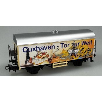 Cuxhaven - Tor zur Welt, bunte Abbildung von Meerestiren, eines Segelschiffes usw.