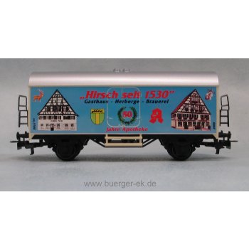 Hirsch seit 1530 Gasthaus Herberge Brauerei 50 Jahre Apotheke (Göppingen Faurndau), Wagen seitlich blau, Stirnseiten und Wagenstufen hellbeige