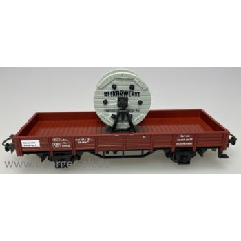 Niederbordwagen, NECKARWERKE Elektrizitätsversorgungs-AG Göppingen, Heimatbahnhof Göppingen, beladen mit Kabeltrommel