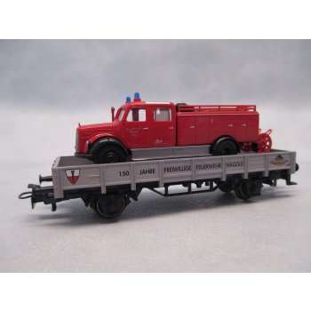 150 Jahre Freiwillige Feuerwehr Nagold (Niederbordwagen grau beladen mit Brekina Feuerwehr-Fahrzeug 