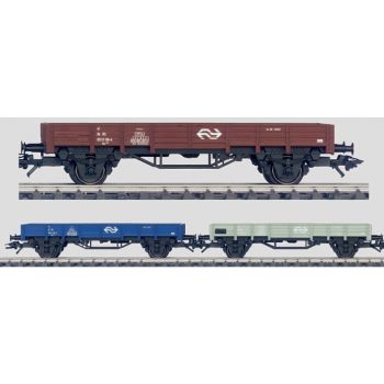 Wagenset 3 Niederbordwagen Typ E 515 der Niederländischen Staatsbahnen - NS, 1 Wagen blau, 1 Wagen grau, 1 Wagen braun