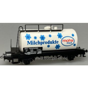 moha frisch Milchprodukte, Stirnseite vom Kessel auch mit Beschriftung moha, Wagenlaufschild: Milch - Schnellverkehr