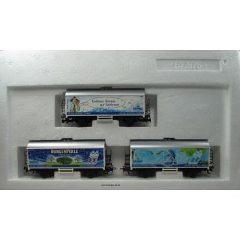 GEFAKO SET, Inhalt 3 Wagen (4415) GEFAKO GETRÄNKE EXPRESS: 1) Freddy Frisch Endloser Genuss auf Schienen 2) BURGENPERLE 3) Eisvogel