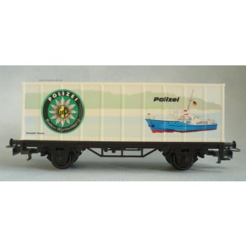POLIZEI Baden-Württemberg (bunte Abbildung eines Schiffes der Wasserschutzpolizei), (Containerwagen mit geriffelten Seitenwänden