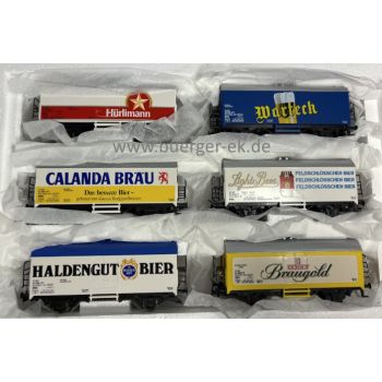 Schweizer Brauereien Brasseries Suisses Inhalt 8Bierwagen (4415) SBB-CFF: Hürlimann, Warteck, Calanda Bräu, Haldengut Bier, Eichhof Braugold gelb/weiß