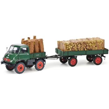 Unimog U401 mit Anhänger und Holzladung