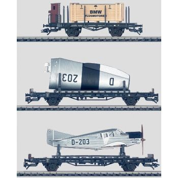 Wagenset Flugzeugtransport, 3 Flachwagen der DRG, Flugzeug Junkers F-13, zerlegt zum Bahntransport, Flugzeugmodell von Wiking, 1 Wagen mit Bremserhaus