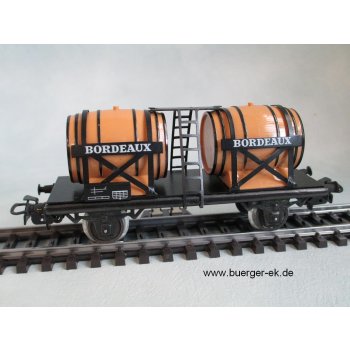 Weinwagen BORDEAUX, mit 2 braunen Weinfässern, 2achsig, alle Aufschriften gedruckt, ohne Originalkarton,