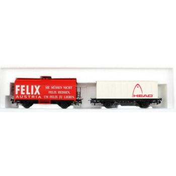 Güterwagen-Set Österreich: 1 Gedeckter Güterwagen FELIX AUSTRIA SIE MÜSSEN NICHT FELIX HEISSEN, UM FELIX ZU LIEBEN. (rot), 1 Containerwagen HEAD