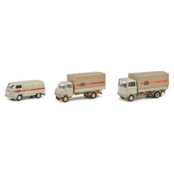 3er-Set, DB-Stückgut, Mercedes-Benz LP608 Pritsche/Plane, Hanomag F55 Pritsche/Plane, VW T2 Kasten, Deutsche Bundesbahn