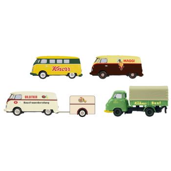 4er-Set Marken VW T1c Bus Knorr, VW T1c Kasten Maggi, VW T1c Kasten Dr. Oetker mit Anhänger, Hanomag Kurier Kühne Senf