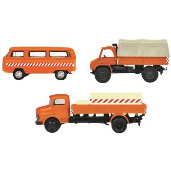 3er-Set Kommunalfahrzeuge: VW T2 Bus, Mercedes-Benz L322 Pritsche mit Tank, Unimog 404 Pritsche/Plane, kommunalorange