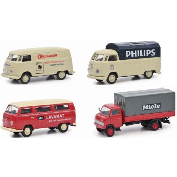 4er Set Starke Marken II: VW T2 AEG Lavamat den und keinen anderen, VW T1 Bauknecht Wasch-Vollautomaten, Hanomag Pritsche/Plane MIELE, VW T1 PHILIPS