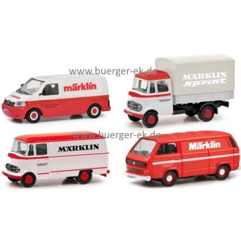 Set mit 4 Märklin Fahrzeugen: VW T5 Kasten, Mercedes-Benz Lieferwagen Pritsche/Plane, Mercedes-Benz L319 Kasten, 1 VW T3 Kasten, MÄRKLIN, MHI