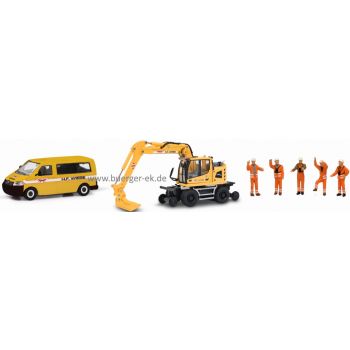 Gleisbauset WIEBE: VW T5 Kombi, Liebherr Zweiwegebagger, 5 Figuren - Gleisbauarbeiter - MHI