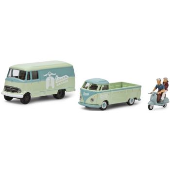 Set VESPA: Mercedes-Benz LP 319 Kastenwagen Vespa und VW T1 Pritsche Vespa und 1 Vespa mit 2 2 Figuren - MHI