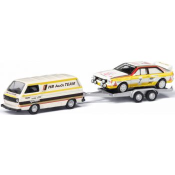 VW T3, HB Audi Team mit Anhänger beladen mit Audi Quattro A2 No.7