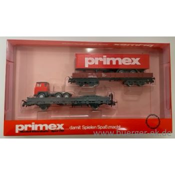 Wagenset: 1 Niederbordwagen 4-achsig beladen mit Wiking Containerauflieger 