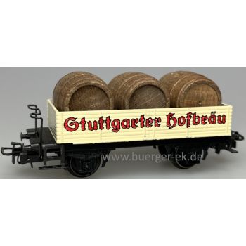 Stuttgarter Hofbräu beladen mit 3 Holzbierfässern, Hochbordwagen