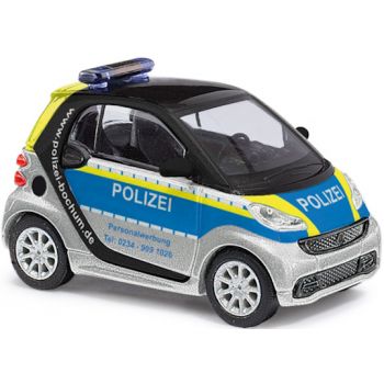 Smart Fortwo Coupe 12, Polizei Bochum, silber/blau mit leuchtgelbem Streifendesign, Baujahr 2012