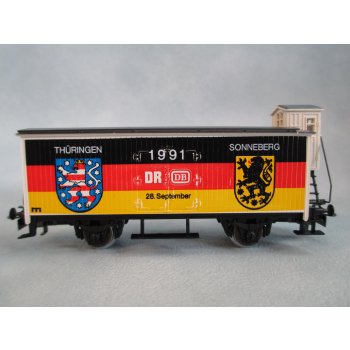 Sonneberg/Thüringen - Neustadt/Bayern (bunt, wechselseitige Bedruckung), (Gedeckter Altbaugüterwagen mit Bremserhaus)