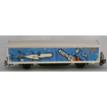 Stihl (Schiebewandwagen, seitlich blau mit Abb.Kettensäge und 'Sägefisch')