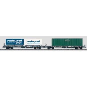 Taschenwagen-Set mit Containern: 2 Tragwagen Sdgkms der Schweizerischen Bundesbahnen SBB/CFF/FFS, 1 Container 40Fuß CAPITAL, 2Wechselaufbauten natural