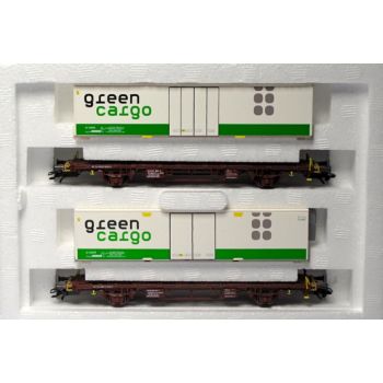 Wagenset: 2 Großraum-Kastenwagen, 2 Containerwagen, Behälterwagen Typ Lgjs der Schwedischen Staatsbahnen SJ / 2 Container Green Cargo