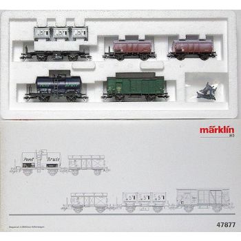 Wagenset: 5 Oldtimer Güterwagen der Belgischen Staatsbahnen (SNCB), 1 Behältertragwagen Von Haus zu Haus, 2 Klappdeckelwagen, 1 Kesselwagen Pont Brule
