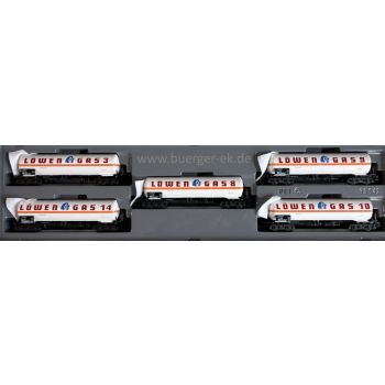 Kesselwagen-Set Löwengas, 5 4achsige Druckgas-Kesselwagen der Firma Hildegard Zoubek Fürstenfeldbruck, Wagen-Nrn.: 3 - 8 - 9 - 10 - 14