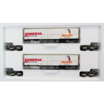 Wagenset KOMBIRAIL der SBB Cargo, MIGROS, 4 Endapter mit verschidenen Betriebsnummern und 2 Sattelauflieger von Wiking