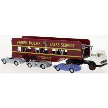 Mercedes-Benz LPS 338, Autotransprt-Sattelzug, Vasek Polak beladen mit 3 Porsche 550 Spyder Modellen in unterschiedlichen Ausführungen, Baujahr 1960