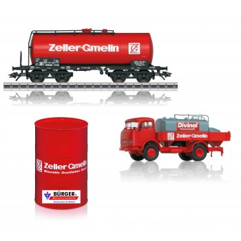 Märklin Museumswagen HO 2016: Kesselwagen 4achsig Zeller+Gmelin ZG, mit Brekina Mercedes-Benz LKW Pritsche beladen mit Tank, Zeller+Gmelin Divinol,