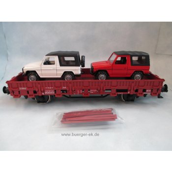 Niederbordwagen beladen mit 2 Mercedes-Benz Geländewagen, 2achsig, Spur 1,