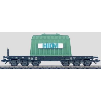 Schwerlastwagen Ssym der Deutschen Bundesbahn - DB, 6-achsig, beladen mit Thermohaube zum Transport von glühenden Stahlbrammen, Wagen-Nr.: DB 966 089