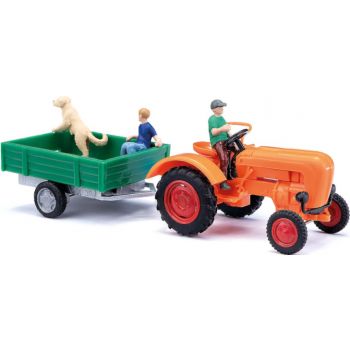 Allgaier A 111 K Traktor mit Einachsanhänger und Figuren, Baujahr 1955