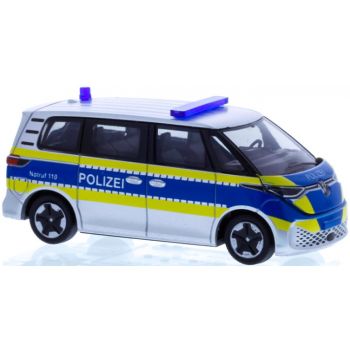 VW ID. Buzz People, Polizei Hessen, silber mit rot/leuchtgelbem Streifendesign