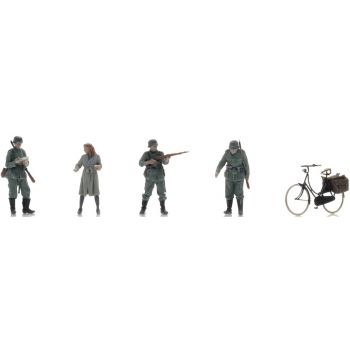 Wehrmacht, Checkpoint, mit Frau auf dem Fahrrad, 4 Figuren und Fahrrad, Spur N