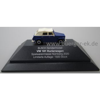 VW 181 Kurierwagen, Spielwarenmesse Nürnberg 2020, blau, in Dekovitrine