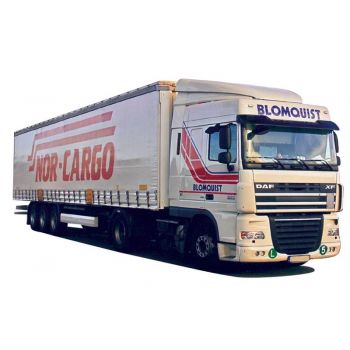 DAF XF 95 SC/Aeorp. Gardinen-Koffersattelzug, Blomquist / NOR CARGO