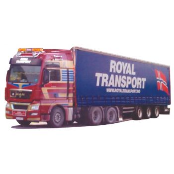 MAN TGX XXL/Aerop., Mega-Gardinen-Koffersattelzug, Royal Transport