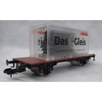 Märklin C-Gleis Pressekonferenz Frankfurt 24.Septemberg 1996, Containertragwagen beladen mit durchsichtigem Container, Inhalt C-Gleise!!,