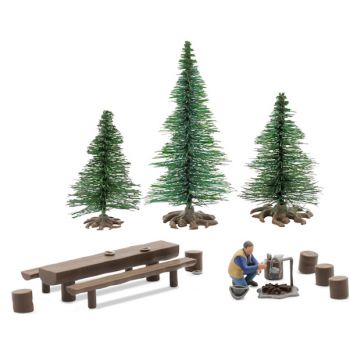 Kleines Lagerfeuer mit Figur, mit LED's - realistischer Feuer-Effekt, Mann (Figur fertig bemalt), Holzbänke, Holztisch, Geschirr, Grillgut, Eimer,