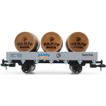 Staufen Bräu Göppingen Dampfbier, Niederbordwagen beladen mit 3 Holzfässern, Spur 1