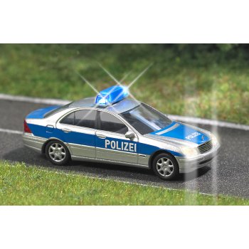 Mercedes-Benz C-Klasse POLIZEI, silber/blau, ELEKTRONIK, funktionsfähiger Blaulichtbalken, funktionsfähige Frontscheinwerfer und Rückleuchten