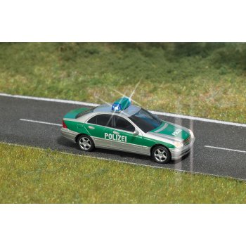 Mercedes-Benz C-Klasse Limousine der Polizei, silber/grün, mit  funktionsfähiger Blaulichtbalken, Elektronik-Modell