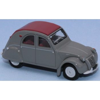 Citroen 2 CV AZLP, grau, geschlossenes granatrotes Verdeck, rote Sitze, Baujahr 1958