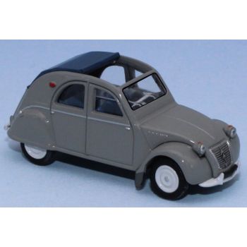 Citroen 2 CV AZLP, grau, geöffnetes dunkelblaues Verdeck, blaue Sitze, Baujahr 1958