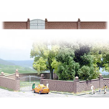 Steinmauer mit Tor. (über 80 cm Mauer mit Pfosten und schmiedeeisernem Tor), Bausatz
