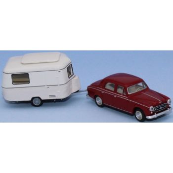 Peugeot 403 Limousine Baujahr 1960, rubinrot, mit elfenbeinfarbenem Eriba Wohnwagen